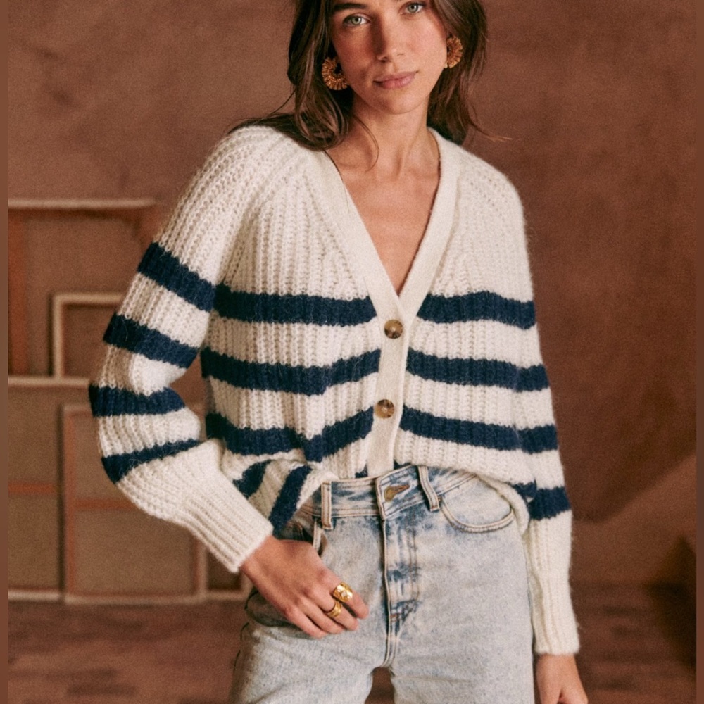 Sezane Basille cardigan in ecru/navy striped